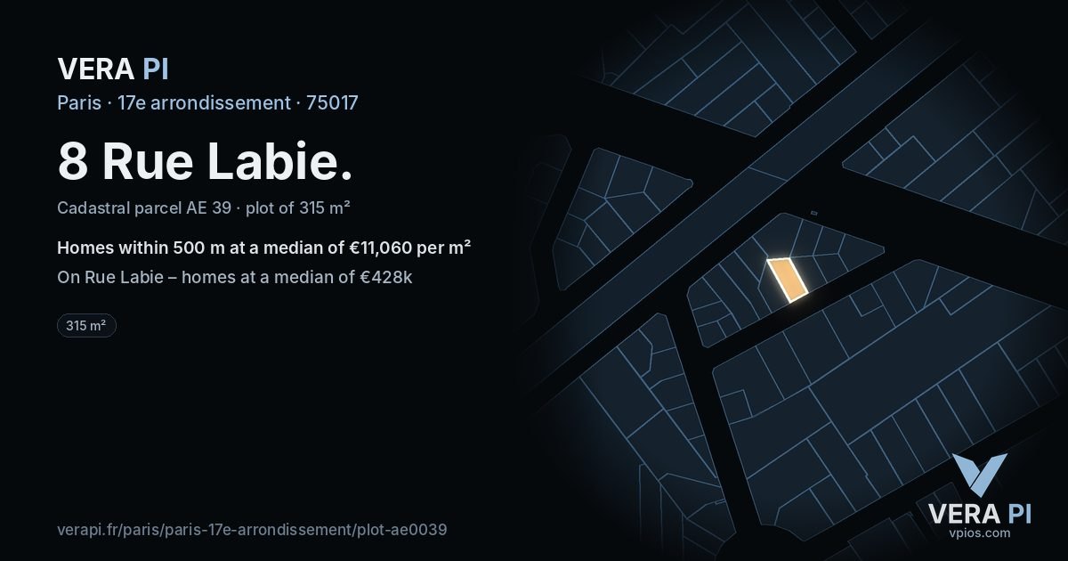8 Rue Labie, 17e arrondissement at night – the plot lit, the parcels around coloured by the prices near them
