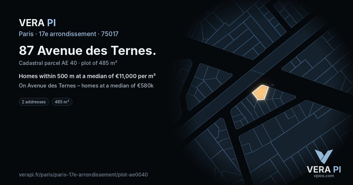 87 Avenue des Ternes, 17e arrondissement at night – the plot lit, the parcels around coloured by the prices near them