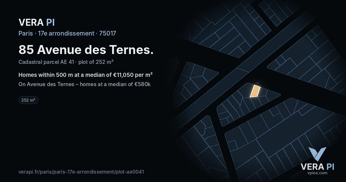 85 Avenue des Ternes, 17e arrondissement at night – the plot lit, the parcels around coloured by the prices near them