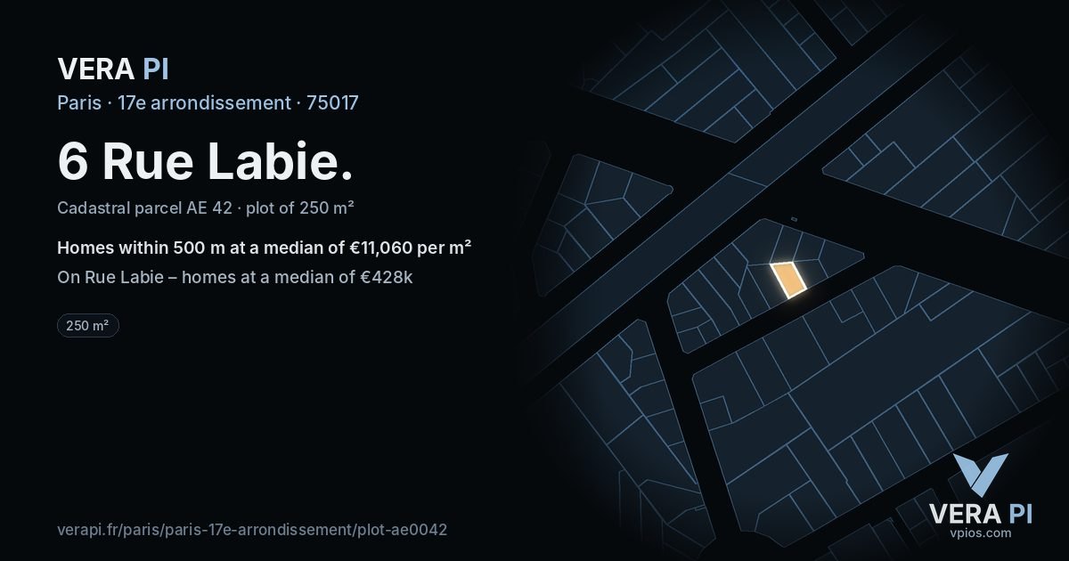 6 Rue Labie, 17e arrondissement at night – the plot lit, the parcels around coloured by the prices near them