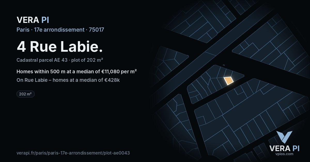 4 Rue Labie, 17e arrondissement at night – the plot lit, the parcels around coloured by the prices near them