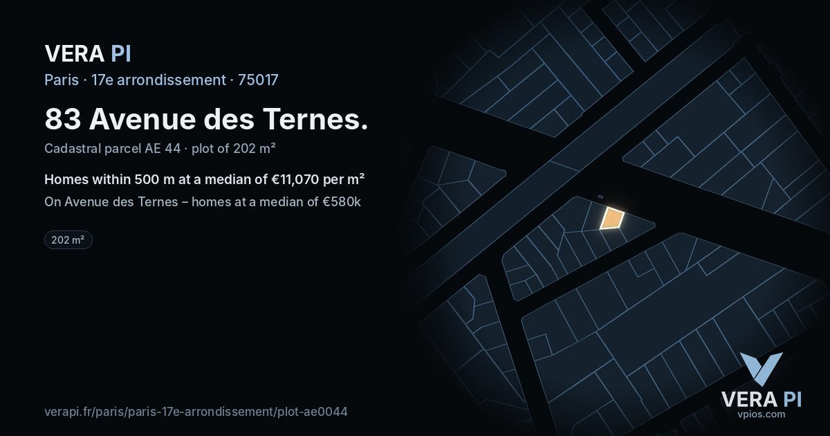83 Avenue des Ternes, 17e arrondissement at night – the plot lit, the parcels around coloured by the prices near them