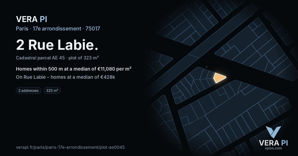 2 Rue Labie, 17e arrondissement at night – the plot lit, the parcels around coloured by the prices near them