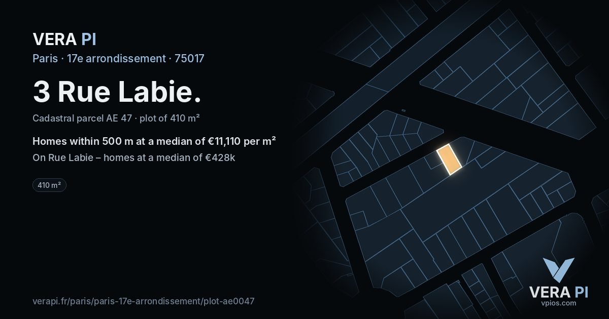 3 Rue Labie, 17e arrondissement at night – the plot lit, the parcels around coloured by the prices near them