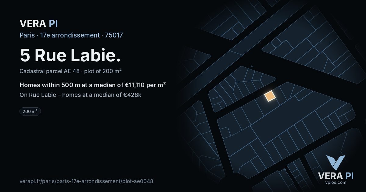 5 Rue Labie, 17e arrondissement at night – the plot lit, the parcels around coloured by the prices near them