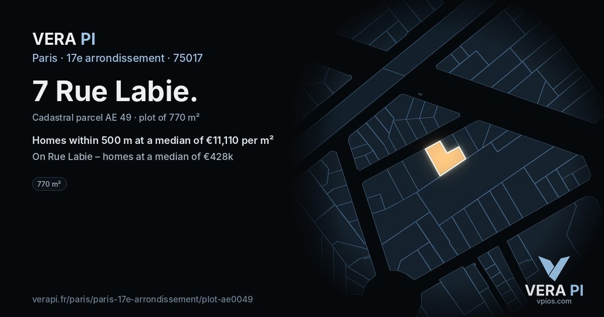 7 Rue Labie, 17e arrondissement at night – the plot lit, the parcels around coloured by the prices near them