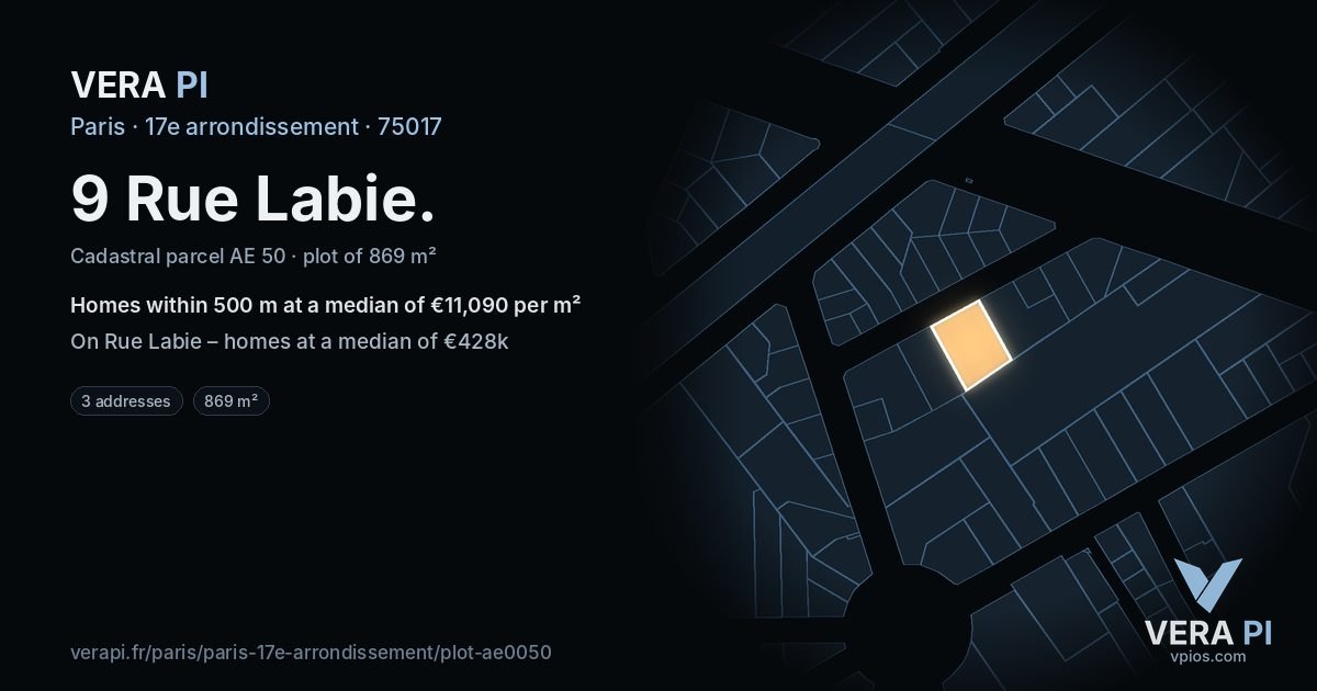 9 Rue Labie, 17e arrondissement at night – the plot lit, the parcels around coloured by the prices near them