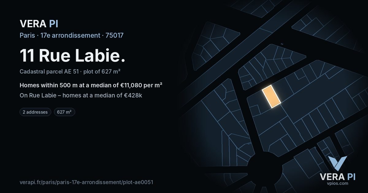 11 Rue Labie, 17e arrondissement at night – the plot lit, the parcels around coloured by the prices near them