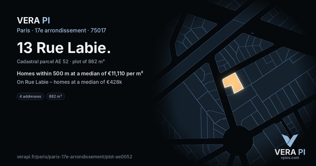 13 Rue Labie, 17e arrondissement at night – the plot lit, the parcels around coloured by the prices near them