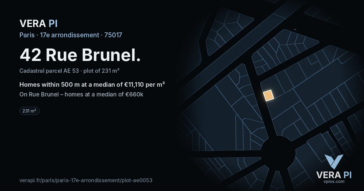 42 Rue Brunel, 17e arrondissement at night – the plot lit, the parcels around coloured by the prices near them