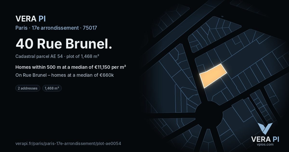 40 Rue Brunel, 17e arrondissement at night – the plot lit, the parcels around coloured by the prices near them