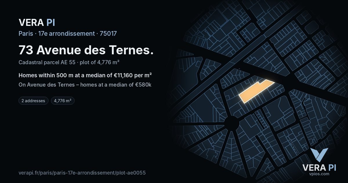 73 Avenue des Ternes, 17e arrondissement at night – the plot lit, the parcels around coloured by the prices near them