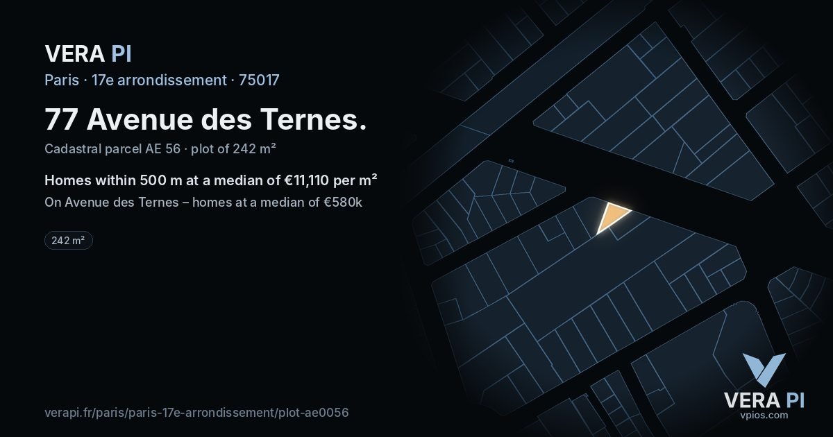 77 Avenue des Ternes, 17e arrondissement at night – the plot lit, the parcels around coloured by the prices near them