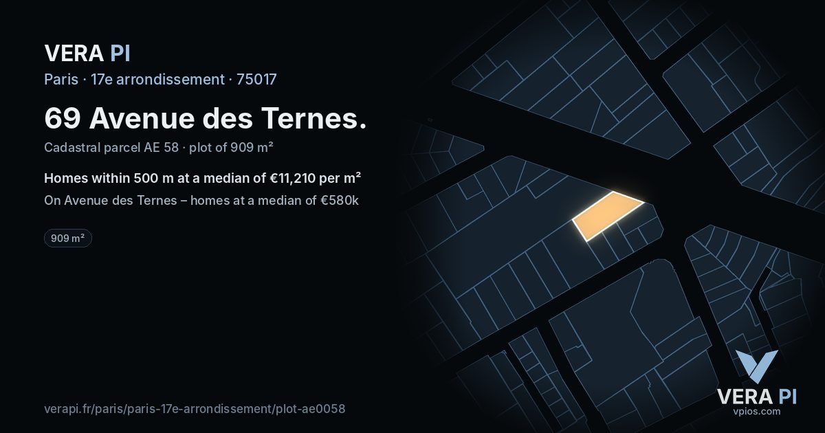 69 Avenue des Ternes, 17e arrondissement at night – the plot lit, the parcels around coloured by the prices near them