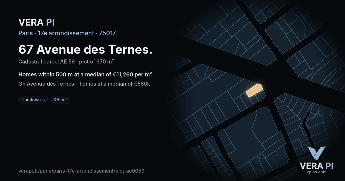 67 Avenue des Ternes, 17e arrondissement at night – the plot lit, the parcels around coloured by the prices near them