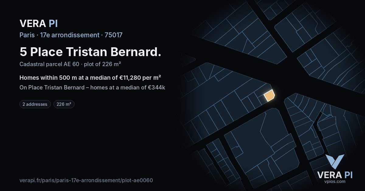 5 Place Tristan Bernard, 17e arrondissement at night – the plot lit, the parcels around coloured by the prices near them