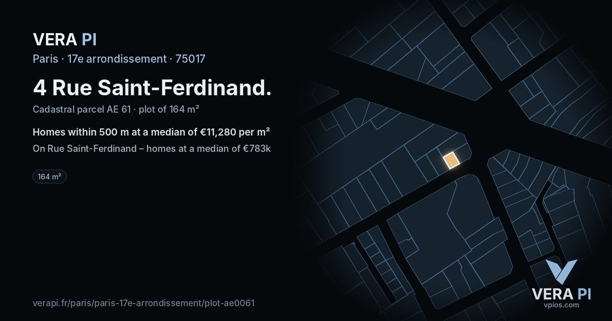 4 Rue Saint-Ferdinand, 17e arrondissement at night – the plot lit, the parcels around coloured by the prices near them