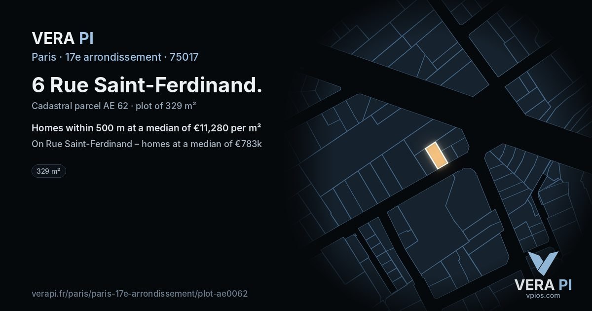 6 Rue Saint-Ferdinand, 17e arrondissement at night – the plot lit, the parcels around coloured by the prices near them