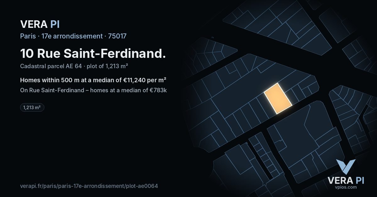 10 Rue Saint-Ferdinand, 17e arrondissement at night – the plot lit, the parcels around coloured by the prices near them