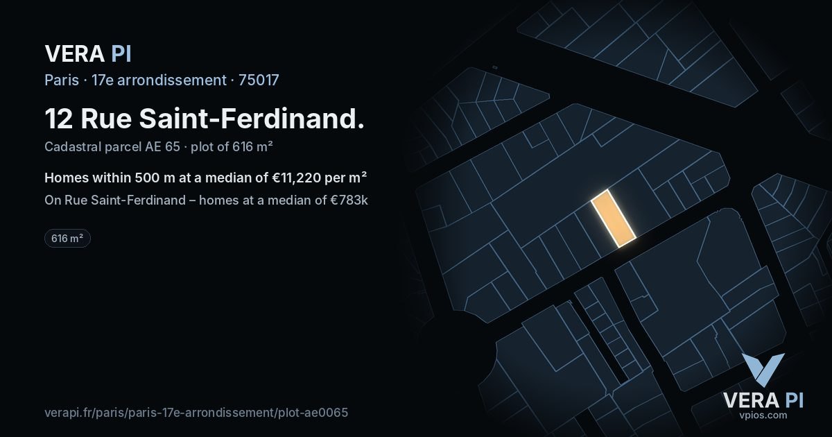 12 Rue Saint-Ferdinand, 17e arrondissement at night – the plot lit, the parcels around coloured by the prices near them