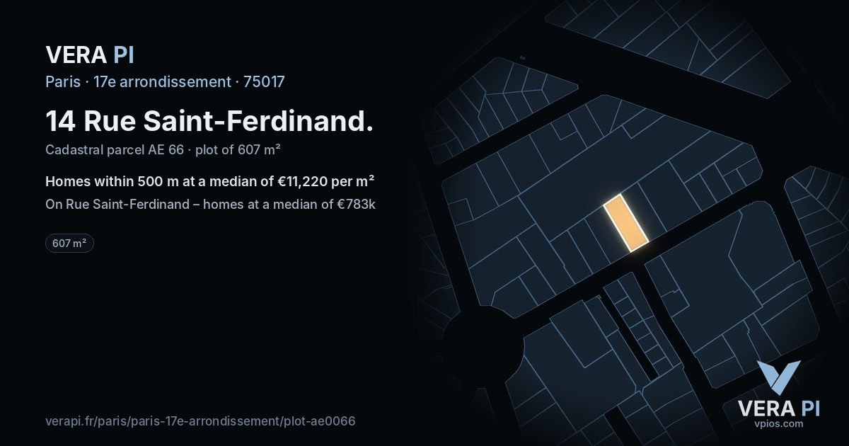 14 Rue Saint-Ferdinand, 17e arrondissement at night – the plot lit, the parcels around coloured by the prices near them