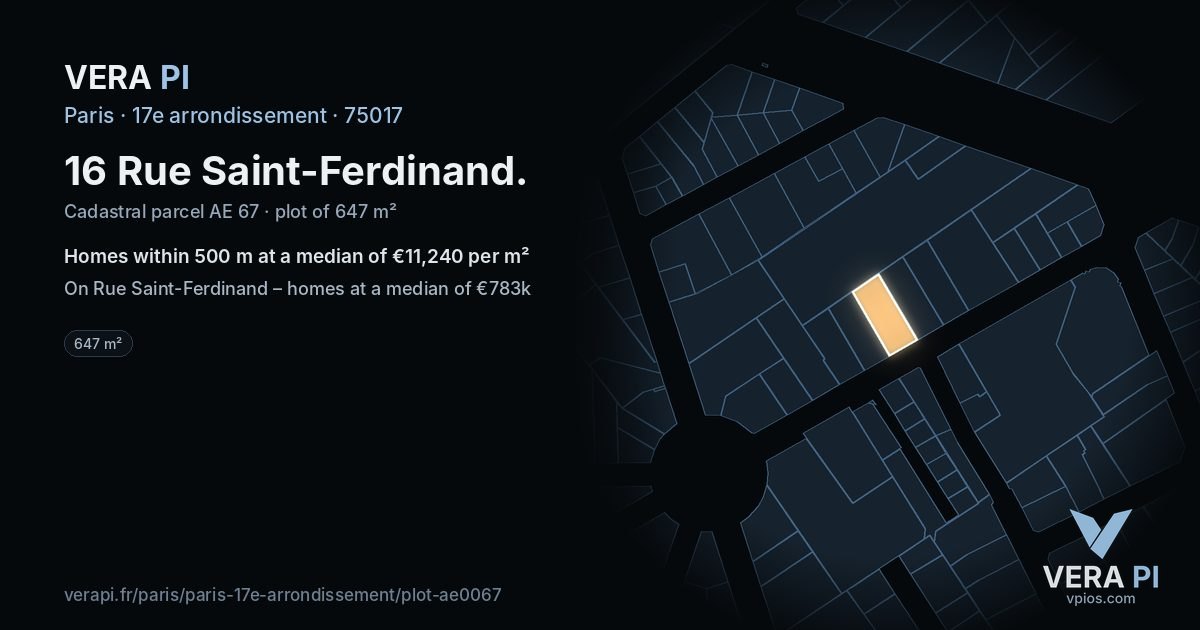 16 Rue Saint-Ferdinand, 17e arrondissement at night – the plot lit, the parcels around coloured by the prices near them