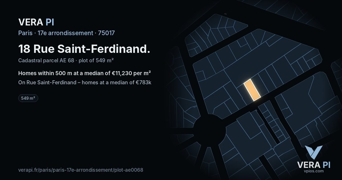 18 Rue Saint-Ferdinand, 17e arrondissement at night – the plot lit, the parcels around coloured by the prices near them