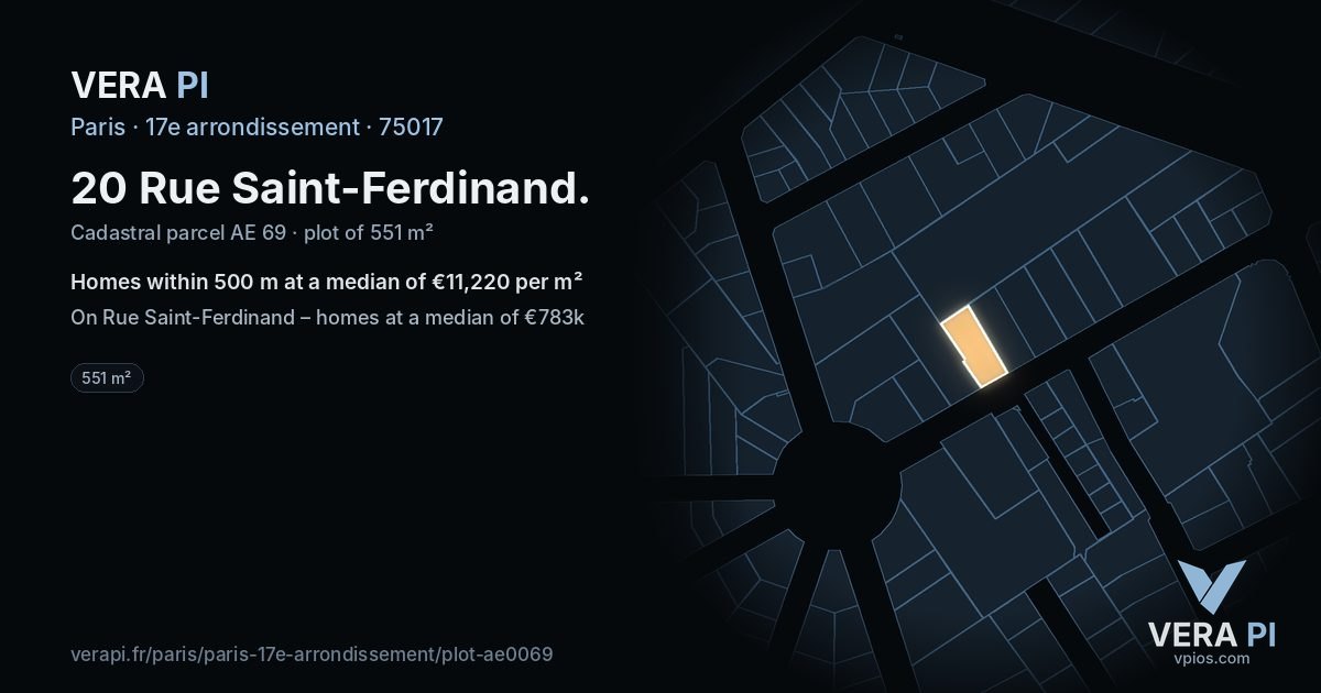 20 Rue Saint-Ferdinand, 17e arrondissement at night – the plot lit, the parcels around coloured by the prices near them