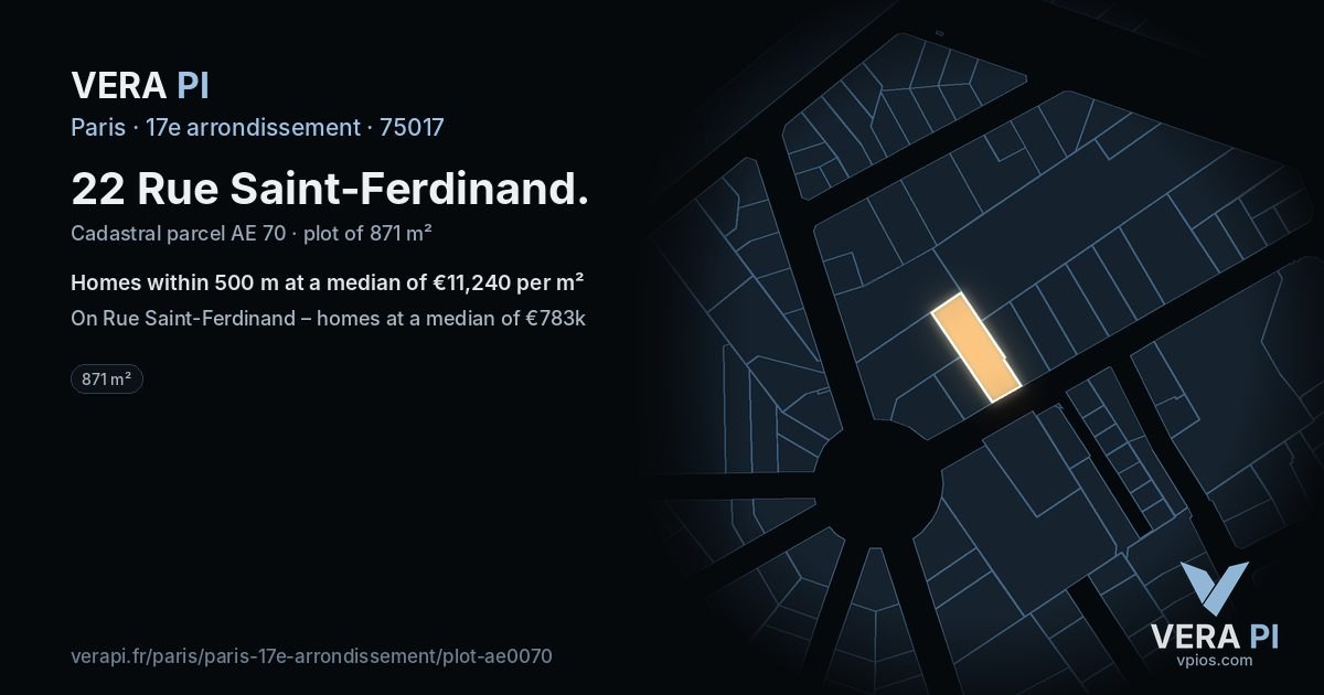22 Rue Saint-Ferdinand, 17e arrondissement at night – the plot lit, the parcels around coloured by the prices near them
