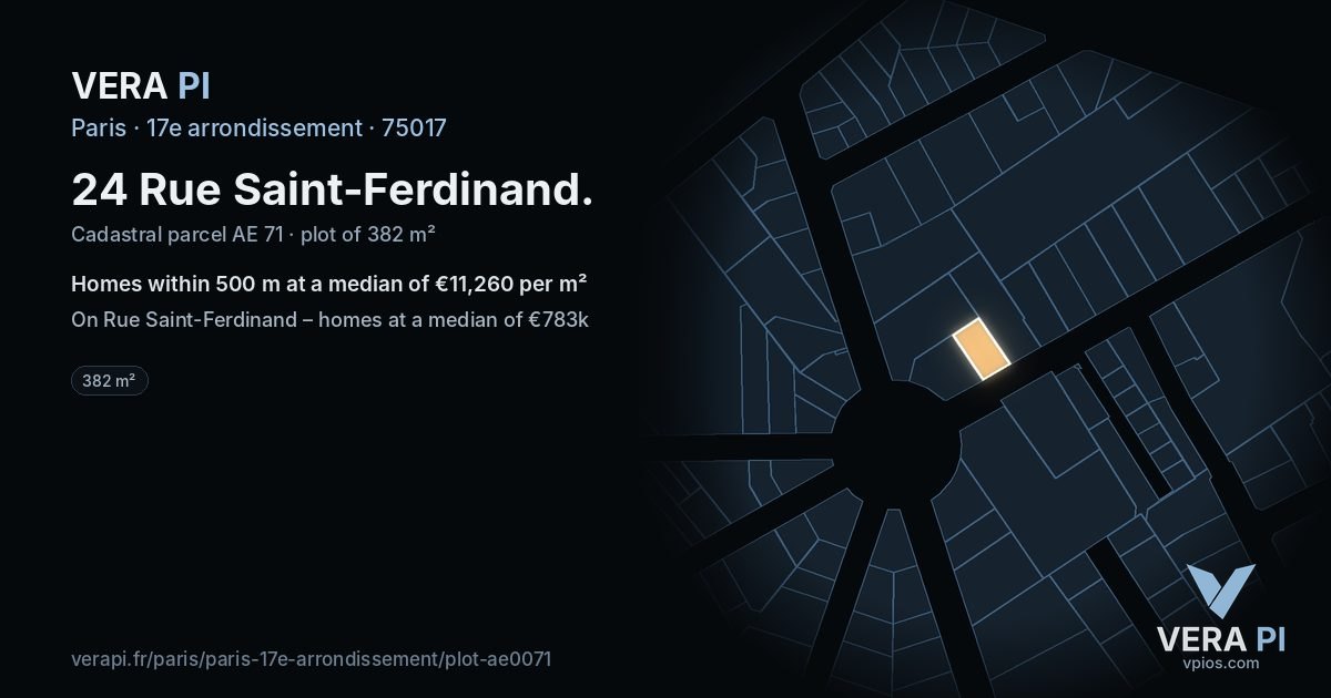24 Rue Saint-Ferdinand, 17e arrondissement at night – the plot lit, the parcels around coloured by the prices near them