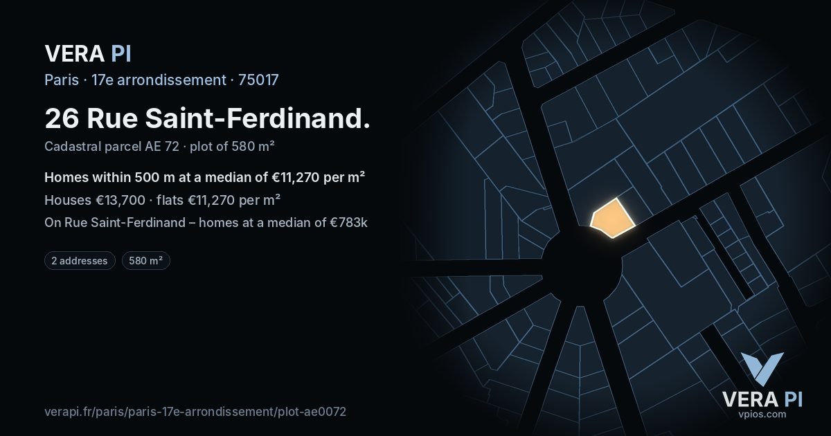 26 Rue Saint-Ferdinand, 17e arrondissement at night – the plot lit, the parcels around coloured by the prices near them