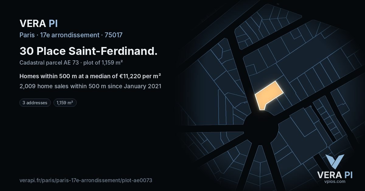 30 Place Saint-Ferdinand, 17e arrondissement at night – the plot lit, the parcels around coloured by the prices near them