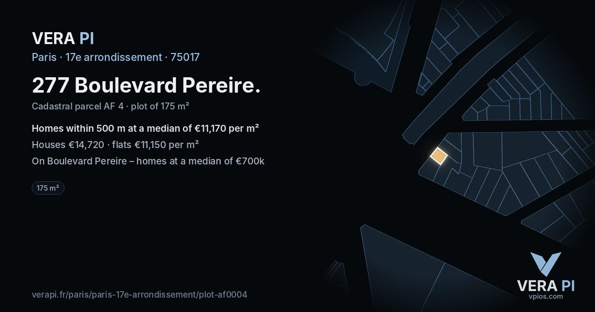 277 Boulevard Pereire, 17e arrondissement at night – the plot lit, the parcels around coloured by the prices near them