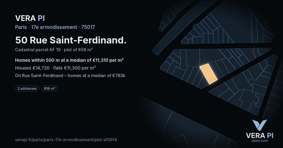 50 Rue Saint-Ferdinand, 17e arrondissement at night – the plot lit, the parcels around coloured by the prices near them