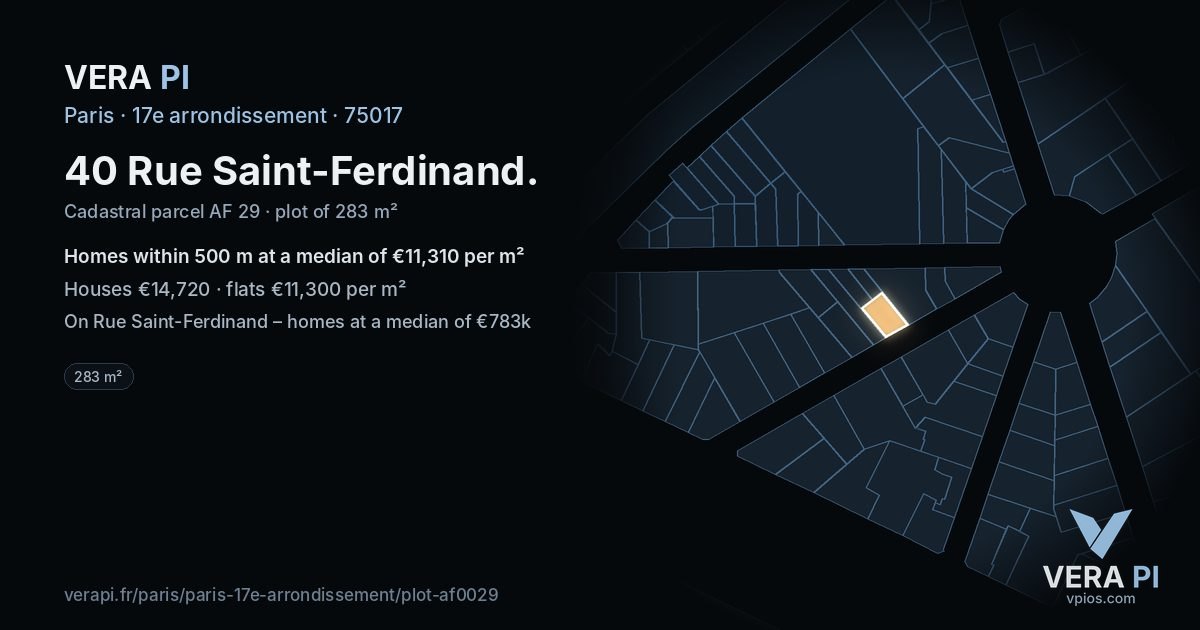 40 Rue Saint-Ferdinand, 17e arrondissement at night – the plot lit, the parcels around coloured by the prices near them