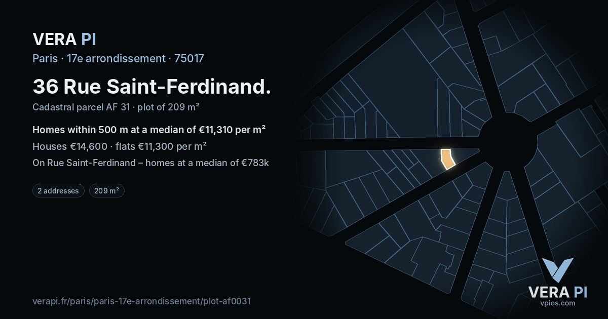 36 Rue Saint-Ferdinand, 17e arrondissement at night – the plot lit, the parcels around coloured by the prices near them