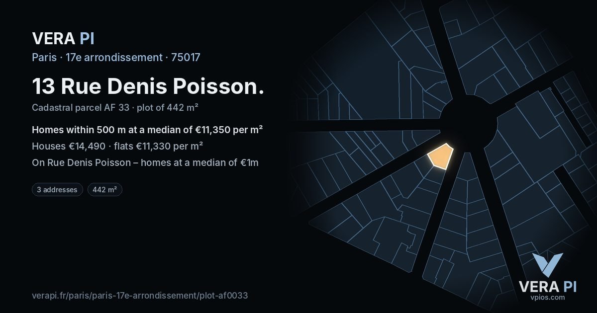 13 Rue Denis Poisson, 17e arrondissement at night – the plot lit, the parcels around coloured by the prices near them