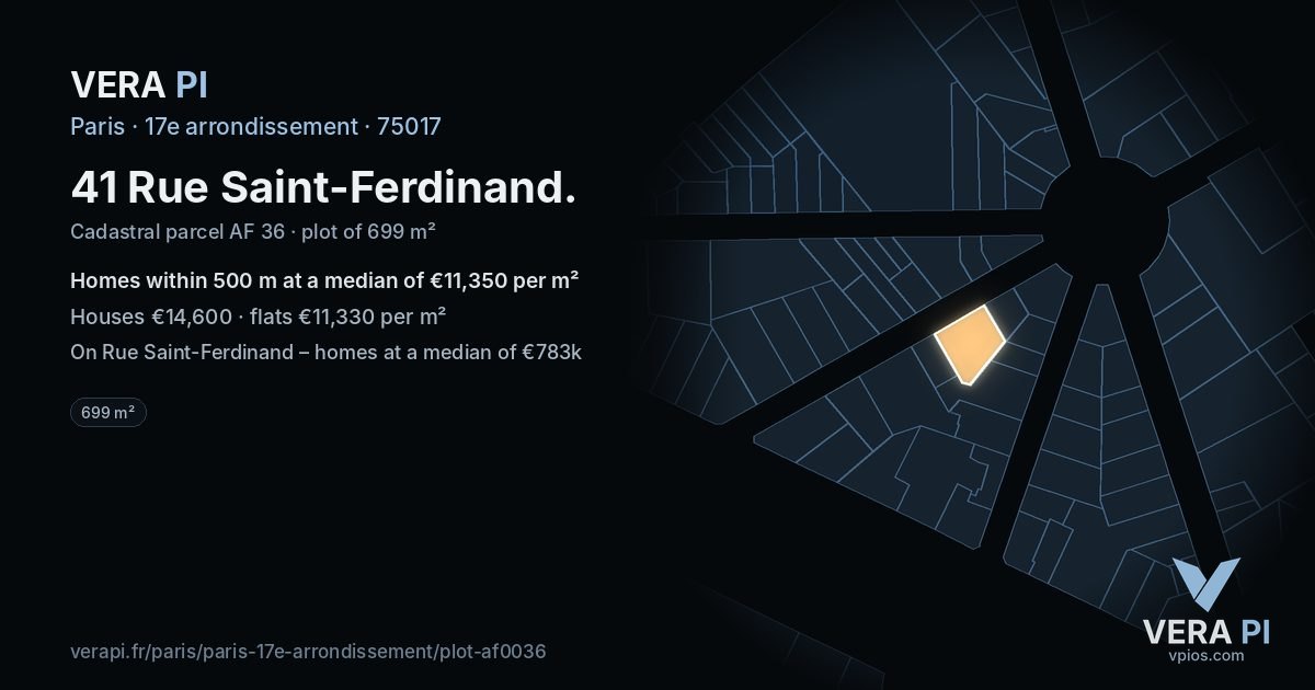 41 Rue Saint-Ferdinand, 17e arrondissement at night – the plot lit, the parcels around coloured by the prices near them