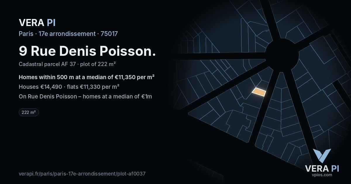 9 Rue Denis Poisson, 17e arrondissement at night – the plot lit, the parcels around coloured by the prices near them