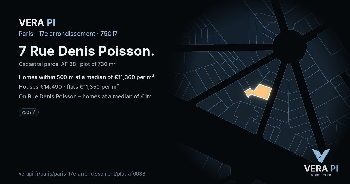 7 Rue Denis Poisson, 17e arrondissement at night – the plot lit, the parcels around coloured by the prices near them