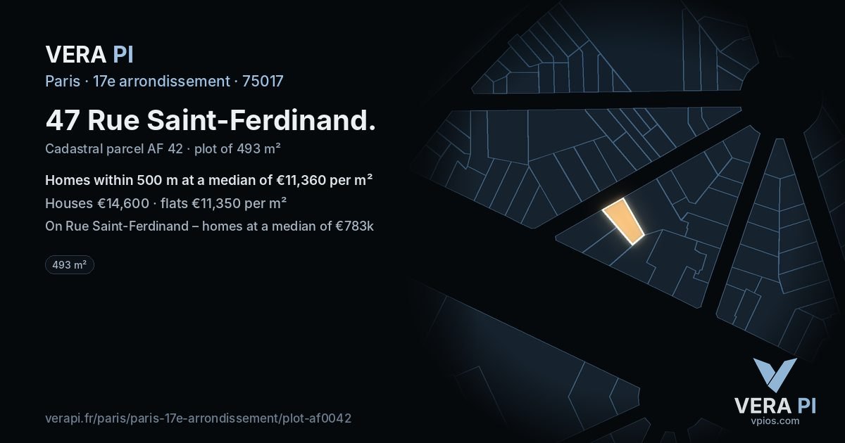 47 Rue Saint-Ferdinand, 17e arrondissement at night – the plot lit, the parcels around coloured by the prices near them