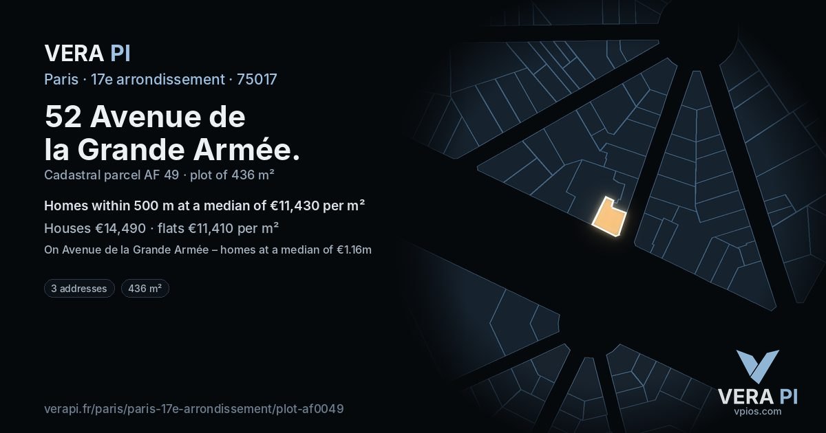 52 Avenue de la Grande Armée, 17e arrondissement at night – the plot lit, the parcels around coloured by the prices near them