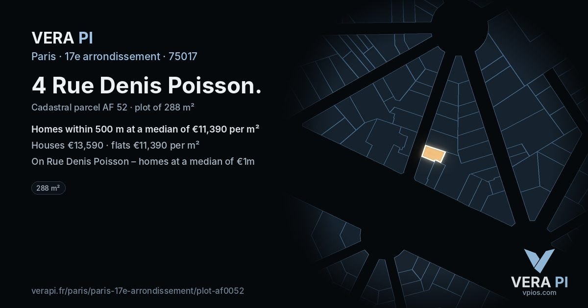 4 Rue Denis Poisson, 17e arrondissement at night – the plot lit, the parcels around coloured by the prices near them