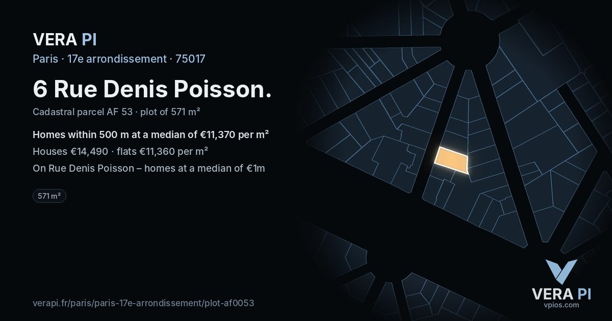 6 Rue Denis Poisson, 17e arrondissement at night – the plot lit, the parcels around coloured by the prices near them