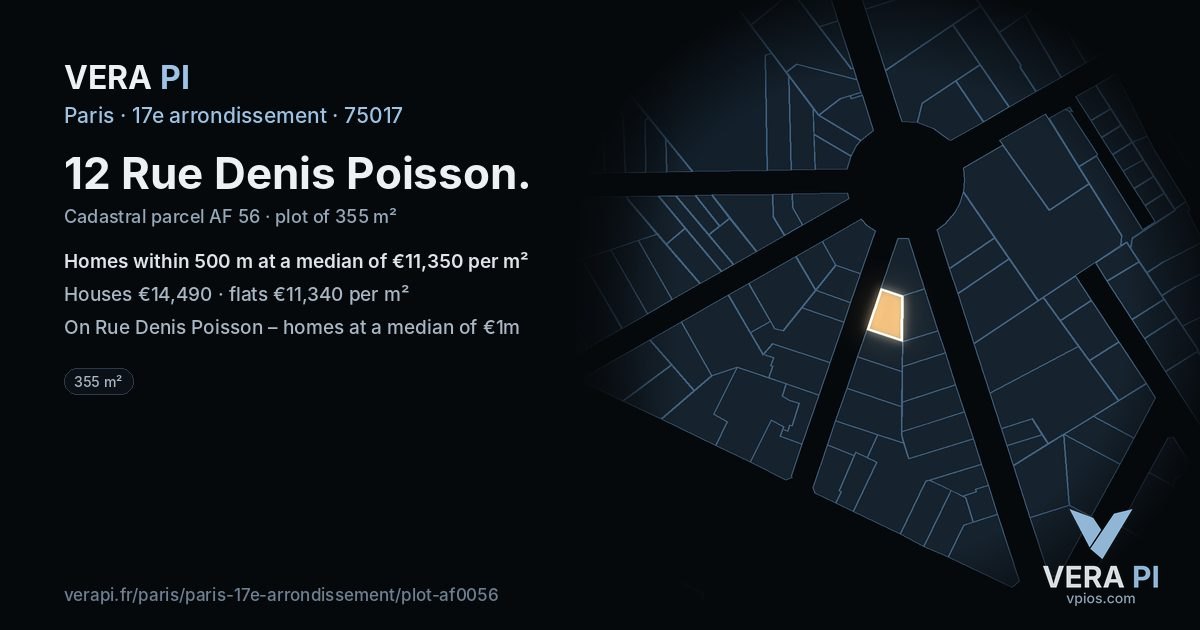 12 Rue Denis Poisson, 17e arrondissement at night – the plot lit, the parcels around coloured by the prices near them