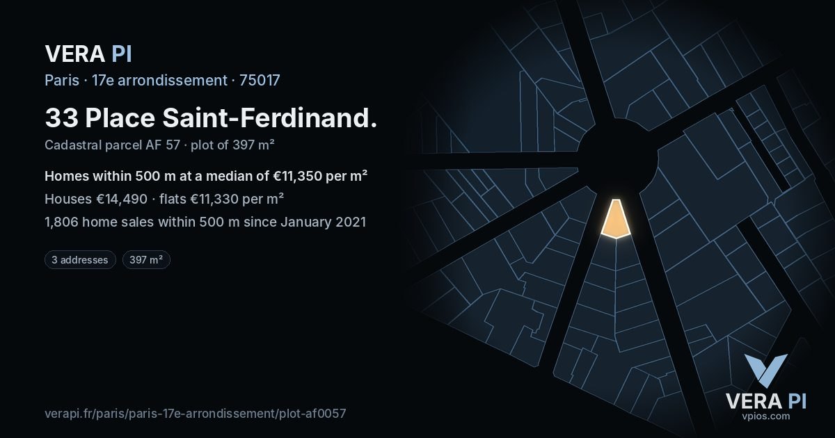 33 Place Saint-Ferdinand, 17e arrondissement at night – the plot lit, the parcels around coloured by the prices near them