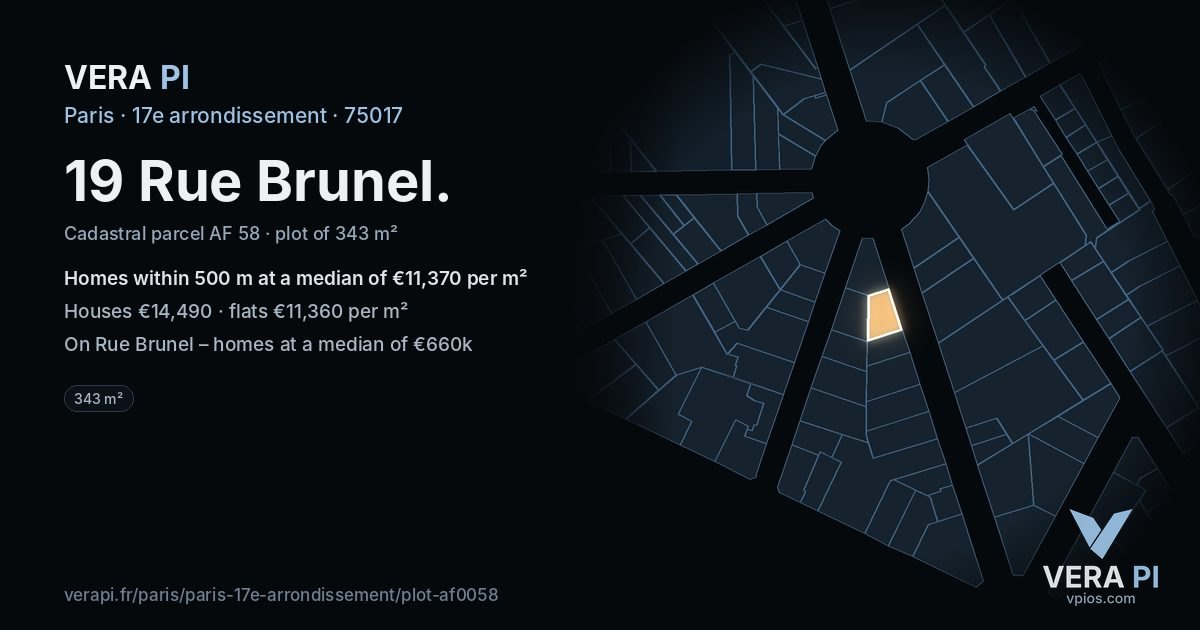 19 Rue Brunel, 17e arrondissement at night – the plot lit, the parcels around coloured by the prices near them