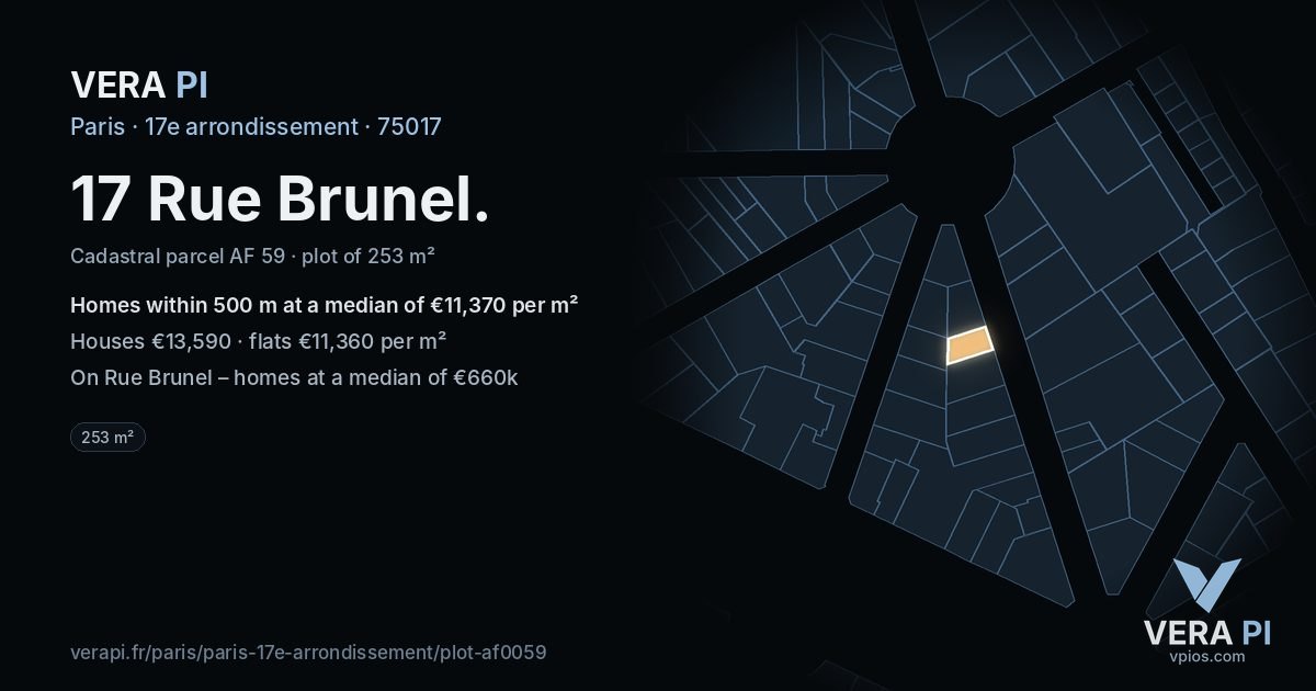 17 Rue Brunel, 17e arrondissement at night – the plot lit, the parcels around coloured by the prices near them