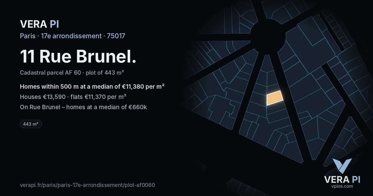 11 Rue Brunel, 17e arrondissement at night – the plot lit, the parcels around coloured by the prices near them