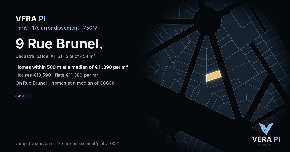 9 Rue Brunel, 17e arrondissement at night – the plot lit, the parcels around coloured by the prices near them